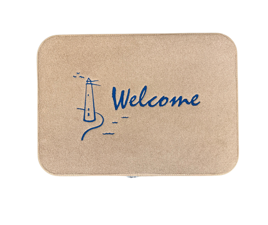 Lighthouse Welcome Boat Mat - Tan with Blue embroidery